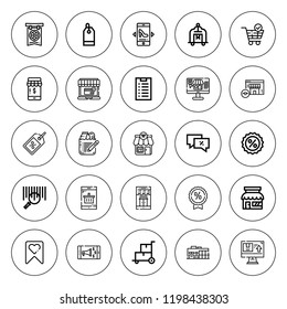 Discount icon set. collection of 25 outline discount icons with banner, barcode, cart, discount, discounts, ecommerce, label, online shop icons. editable icons.