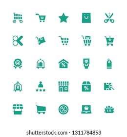 discount icon set. Collection of 25 filled discount icons included Shopping cart, Shopping online, Discount, Store, Barcode, Offer, Shop, Rating, Cart, Price tag, Trolley, Price