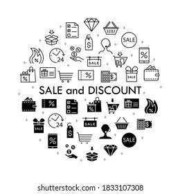 Discount icon set. Included icons as sale, badge, coupon, cash back, shopping cart, delivery, gift and more.