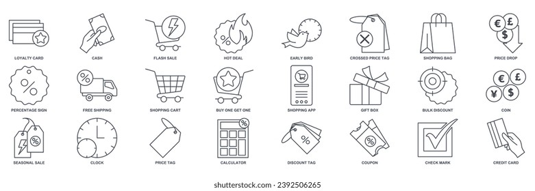 Discount icon set, Included icons as Price Tag, Early Bird, Shopping Bag, Credit Card and more symbols collection, logo isolated vector illustration