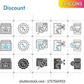 discount icon set. included online shop, shop, voucher, discount icons on white background. linear, bicolor, filled styles.