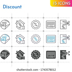 discount icon set. included sale, mortgage, voucher, discount, barcode icons on white background. linear, bicolor, filled styles.