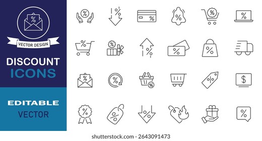 Discount icon set in line style. Set of 24 shopping related icons. Sale, coupon, shop, offer, promotion, price tag, deal, cashback and more outline symbol. Editable stroke. Vector illustration.