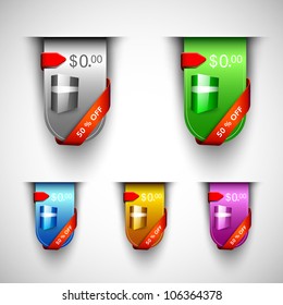 Ícone de desconto definido com exibição do produto e faixa de opções, pode ser usado como rótulo, etiqueta, indicador ou adesivo. EPS 10.
