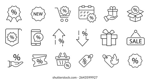 Discount icon set. Shopping related line icons: sale, coupon, shop,  giftbox, offer, shopping tag, cart, label, sticker, badge and more. Editable stroke. Vector illustration.