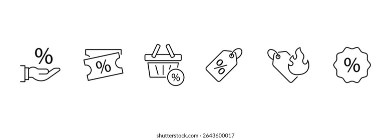 Discount icon set. Shopping related line icons: sale, coupon, shop,  giftbox, offer, shopping tag, cart, label, sticker, badge and more. Editable stroke. Vector illustration.