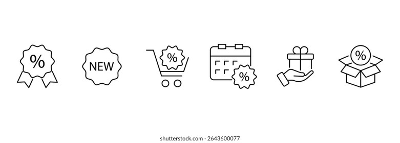 Discount icon set. Shopping related line icons: sale, coupon, shop,  giftbox, offer, shopping tag, cart, label, sticker, badge and more. Editable stroke. Vector illustration.