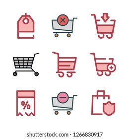 discount icon set. vector set about shopping cart and price tag icons set.