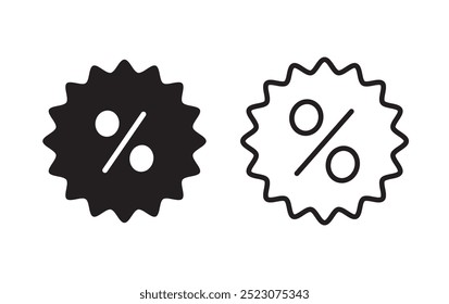 Rabattsymbol in dünner Linie, flach und farbig auf weißem Hintergrund mit bearbeitbarem Strich. Sternzeichen mit Prozentzeichen. Verkauf, Abzeichen, Stern, Preis, Label, Auszeichnung. Vektorgrafik