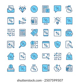 Discount icons. Outline symbols. Vector blue line icons set