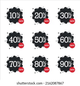 Discount icons for the sale. A black icon with a red "new" icon on top of the special offer price signs.