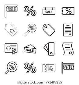 Discount icons. set of 16 editable outline discount icons such as percent search, sale, ticket on sale, percent, tag, sale tag, bill of house sell