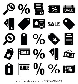 Discount icons. set of 25 editable filled discount icons such as tag, percent search, sale, ticket on sale, percent, sale tag, bill of house sell