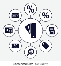 discount icons set. Set of 9 discount filled icons such as tag, sale tag, bill of house sell, percent, percent search