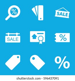 discount icons set. Set of 9 discount filled icons such as tag, sale tag, bill of house sell, sale, percent, percent search