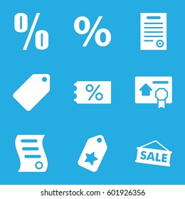 discount icons set. Set of 9 discount filled icons such as tag, bill of house sell, bill of house, percent, sale