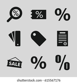 Discount icons set. set of 9 discount filled icons such as tag, bill of house, percent, sale, percent search