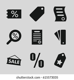 Discount icons set. set of 9 discount filled icons such as tag, bill of house sell, bill of house, percent, sale, percent search