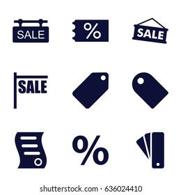 Discount icons set. set of 9 discount filled icons such as tag, sale tag, bill of house sell, sale, percent