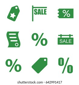 Discount icons set. set of 9 discount filled icons such as tag, sale tag, bill of house sell, percent, sale