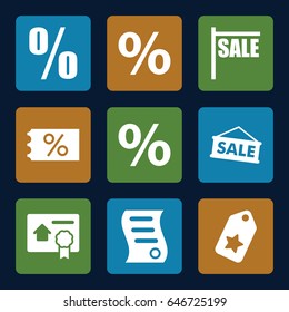 Discount icons set. set of 9 discount filled icons such as bill of house sell, percent, sale, tag