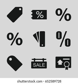 Discount icons set. set of 9 discount filled icons such as tag, sale tag, bill of house sell, percent