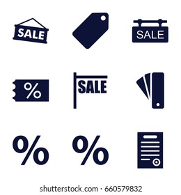 Discount icons set. set of 9 discount filled icons such as tag, sale tag, bill of house, sale, percent