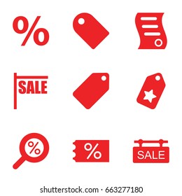 Discount icons set. set of 9 discount filled icons such as tag, sale tag, bill of house sell, percent search, sale, ticket on sale