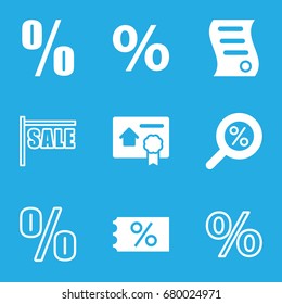 Discount icons set. set of 9 discount filled and outline icons such as bill of house sell, percent, percent search, ticket on sale