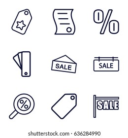 Discount icons set. set of 9 discount outline icons such as tag, sale tag, bill of house sell, percent search, sale