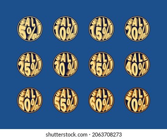 Discount icons set. Black balloons with 5, 10, 15, 20, 25, 30, 35, 40, 50, 55, 60 and 70 percent discount signs. Discounts, shopping. Vector illustration.
