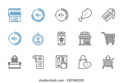 discount icons set. Collection of discount with cart, supermarkets, online shop, shopping list, supermarket, carts, shop, online shopping. Editable and scalable discount icons.