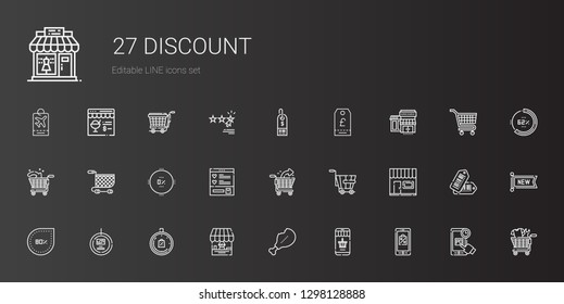 discount icons set. Collection of discount with mobile shopping, online shopping, supermarket, shop, limited time, tag, percentage, store. Editable and scalable discount icons.