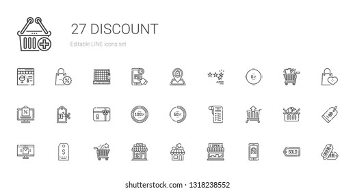 discount icons set. Collection of discount with mobile shopping, store, shop, clothing shop, shopping cart, tag, online shop, cart, shopping list. Editable and scalable discount icons.