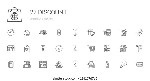 discount icons set. Collection of discount with supermarket, e commerce, tag, tags, store, stores, trolley, shop, carts, percentage, online shopping. Editable and scalable discount icons.