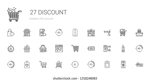 discount icons set. Collection of discount with trolley, percentage, cart, tag, online shopping, carts, online shop, e commerce, shop, limited time. Editable and scalable discount icons.