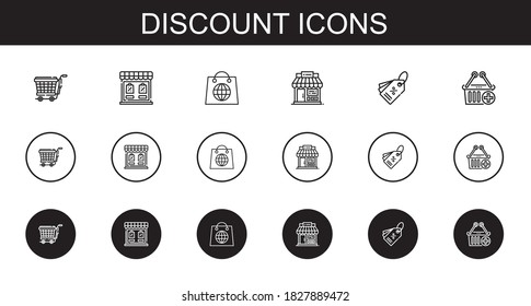 discount icons set. Collection of discount with trolley, store, shopping, shop, tag, e commerce. Editable and scalable discount icons.