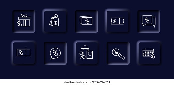 Discount icons set. Rospradazha, percentage, coupon, increase, purchase, message, holiday. Discount concept. Neomorphism style. Vector line icon for business.