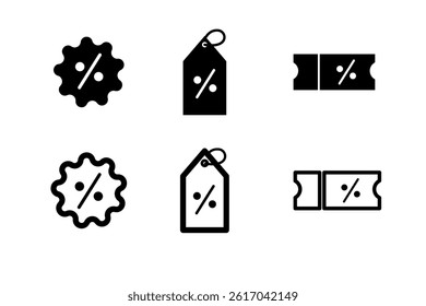 Discount Icons Set – Sale, Coupon, Tag and Percentage Symbols in Outline and Solid Styles.