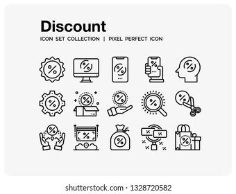 Discount Icons Set. UI Pixel Perfect Well-crafted Vector Thin Line Icons. The illustrations are a vector.
