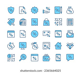 Discount icons set. Vector line icons. Blue color outline stroke symbols. Modern concepts