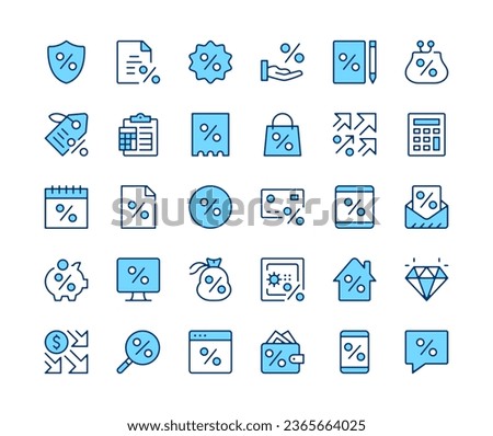 Discount icons set. Vector line icons. Blue color outline stroke symbols. Modern concepts