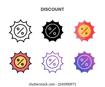 Discount icons vector illustration set line, flat, glyph, outline color gradient. Great for web, app, presentation and more. Editable stroke and pixel perfect.