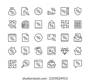 Discount icons. Vector line icons set. Loan, deal, percent sign, price change, percentage, interest rate, shopping sale concepts. Black outline stroke symbols