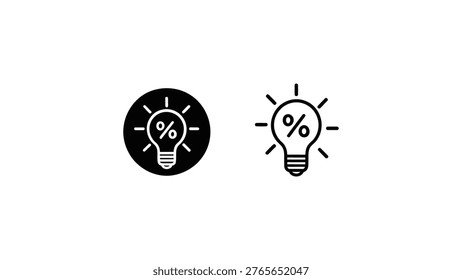 discount idea icon set, percentage bulb symbol, creative sale concept sign, marketing promotion vector in solid and outline style