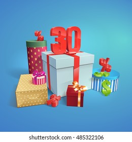 Discount illustration. Gift Boxes with the Ribbons and Symbols of Discounts. 30 percent. Vector ESP10