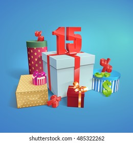 Discount illustration. Gift Boxes with the Ribbons and Symbols of Discounts. 15 percent. Vector ESP10