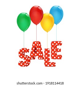 Discount inscription, red letters with polka dots, multicolored balloons, design for banner, shopping and advertising.