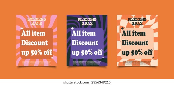 Discount Instagram Stories with Trippy Boxes, Wavy Swirling Seamless Pattern Pack in Orange, Pink, Purple, Black. Hand Drawn Vector Illustration. Seventies Style, Hippie Aesthetic.