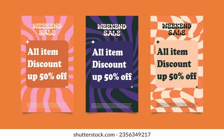 Discount Instagram Stories with Trippy Boxes, Wavy Swirling Seamless Pattern Pack in Orange, Pink, Purple, Black. Hand Drawn Vector Illustration. Seventies Style, Hippie Aesthetic.